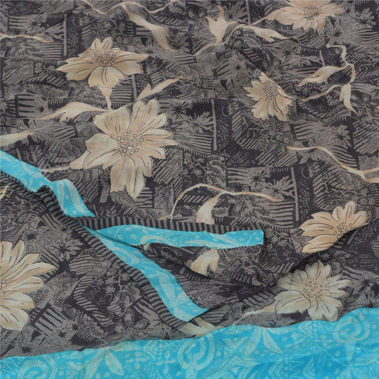 Sanskriti Vintage Sarees Black Pure Crepe Silk Printed Sari 5+yd Craft Sustainable Fabric