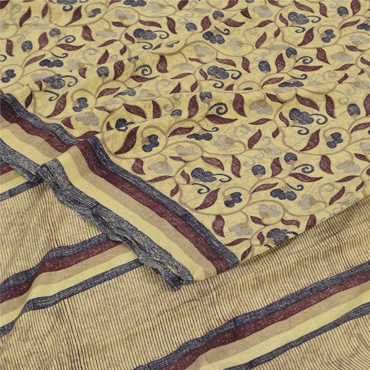 Sanskriti Vintage Sarier Lysegule Ren Crepe Trykt Sari 5+ yard Håndværk Bæredygtigt Stoff