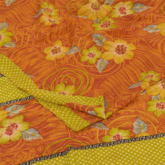 Sanskriti Vintage Sarees Orange Pure Crepe Silk Printed Sari 5+yd Craft Sustainable Fabric