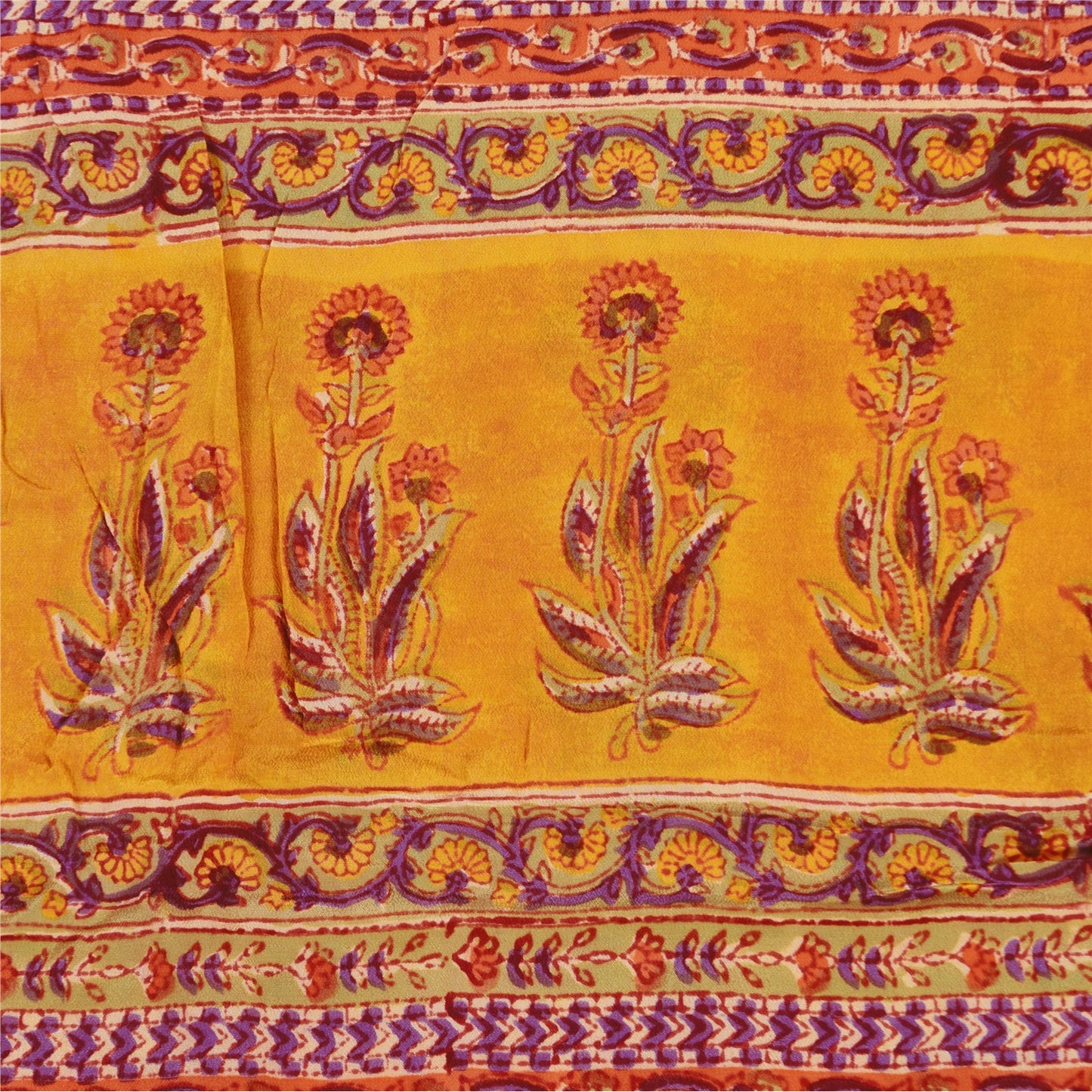 Sanskriti Vintage Sarees Yellow Pure Crepe Silk Printed Sari 5+yd Craft Sustainable Fabric