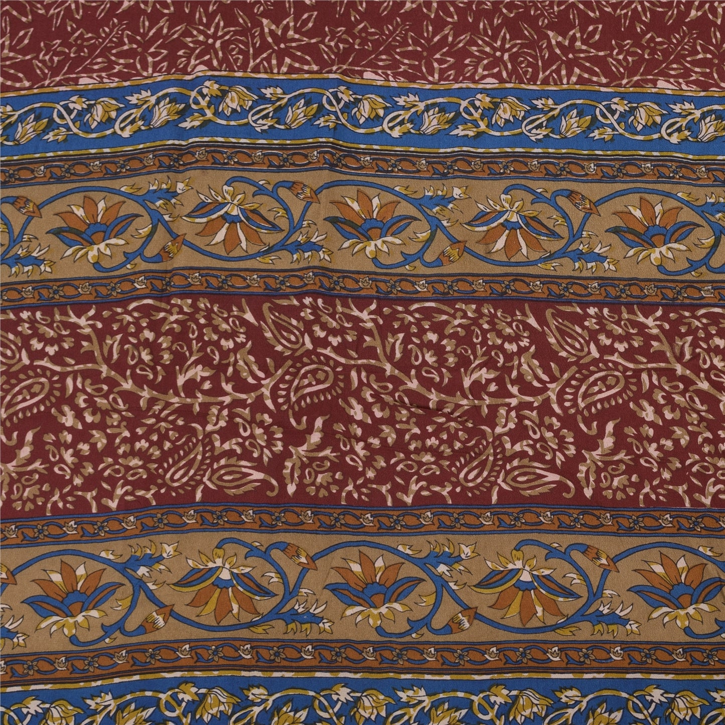 Sanskriti Vintage Sarees Dark Red Pure Crepe Silk Printed Sari 5+yd Craft Fabric