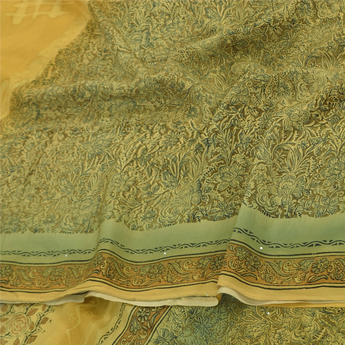 Sanskriti Vintage Sarees Yellow/Green Rhinestone Pure Crepe Printed Sari Sustainable Fabric