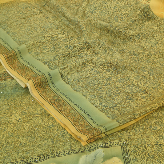 Sanskriti Vintage Sarees Yellow/Green Rhinestone Pure Crepe Printed Sari Sustainable Fabric