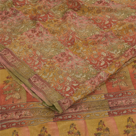 Sanskriti Vintage Sarees Multicolor Pure Crepe Silk Print Sari 5+yd Craft Sustainable Fabric