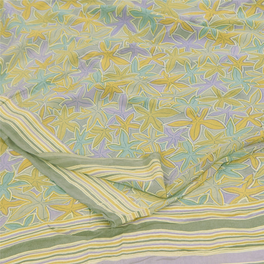 Sanskriti Vintage Sarees Olive Green Pure Crepe Printed Sari 5+yd Craft Sustainable Fabric
