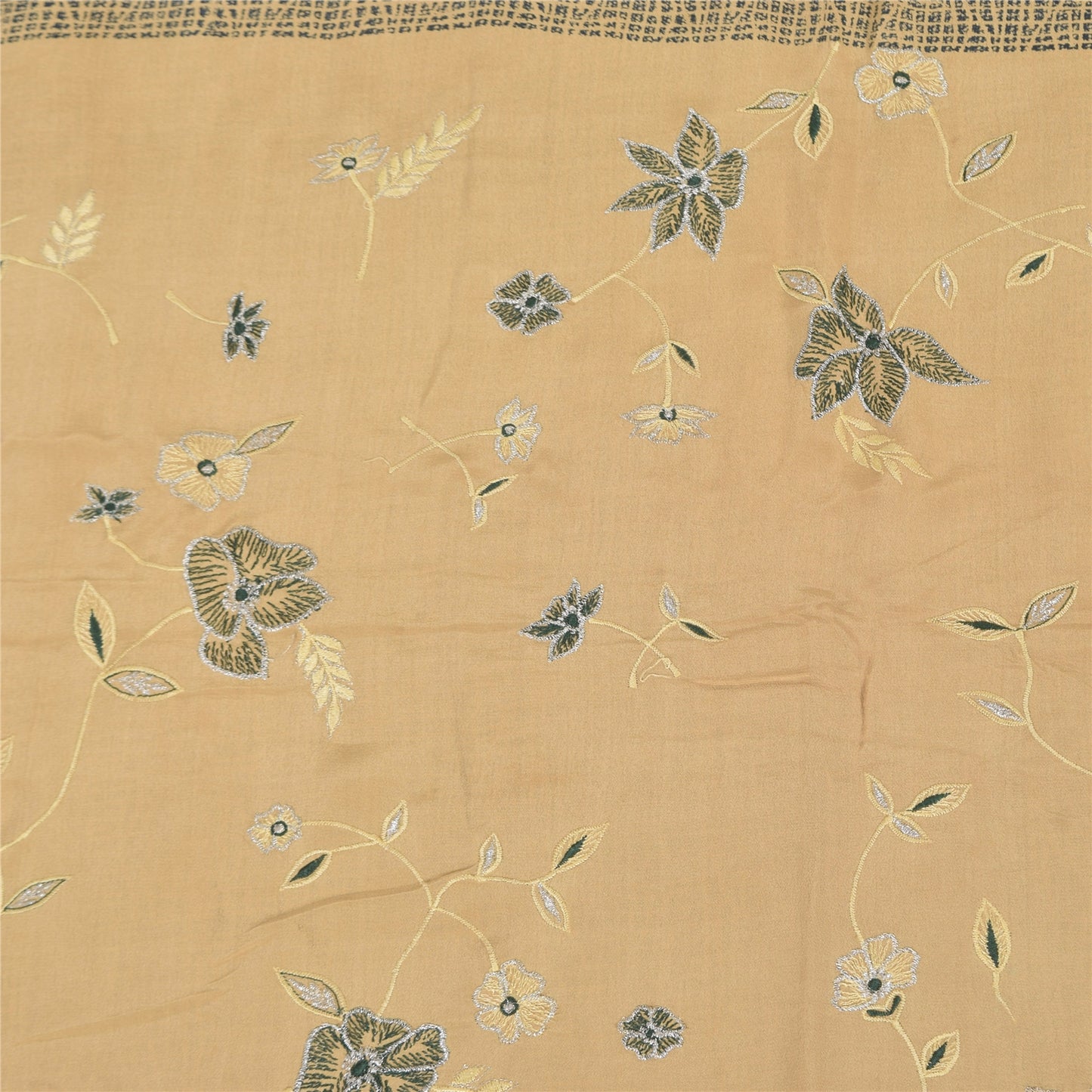 Sanskriti Vintage Sarees Black/Peach EmbroideryPure Crepe Print Sari 5+yd Sustainable Fabric