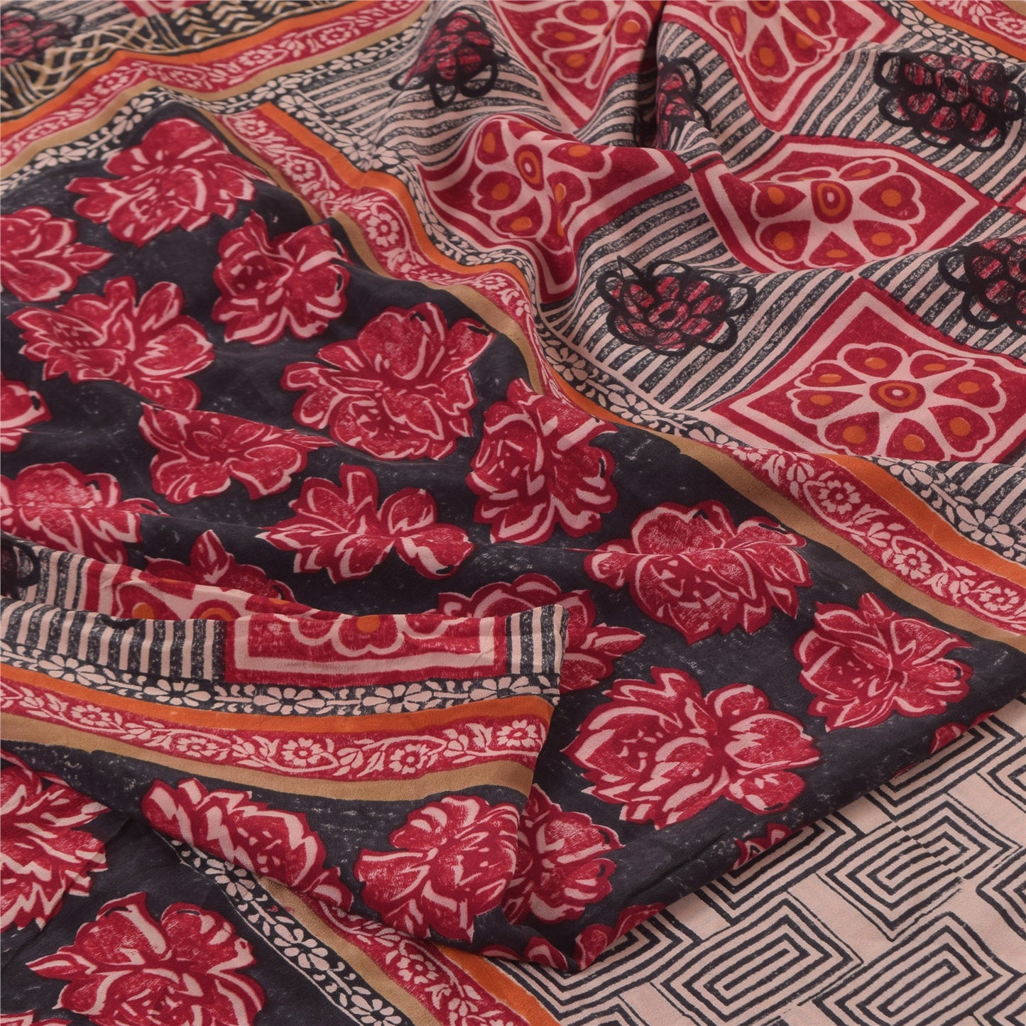 Sanskriti Vintage Sarees Red/Black Pure Crepe Silk Print Sari 6+yd Craft Sustainable Fabric