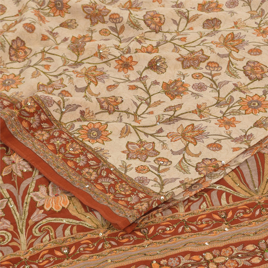 Sanskriti Vintage Sarier Håndperlede Ren Crepe Trykt Sari 5+ yard Håndværk Bæredygtigt Stoff