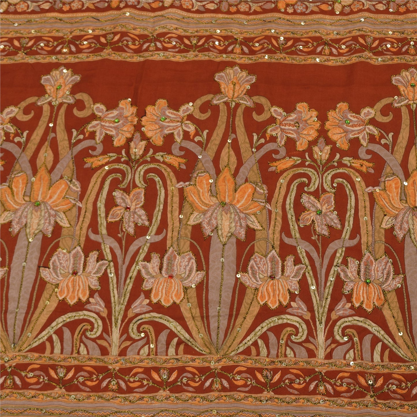 Sanskriti Vintage Sarees Hand Beaded Pure Crepe Printed Sari 5+yd Craft Sustainable Fabric