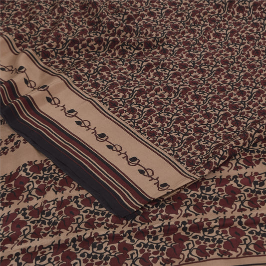 Sanskriti Vintage Sarier Mørkerød Ren Crepe Silke Trykt Sari 5+ yard Håndværk Bæredygtigt Stoff