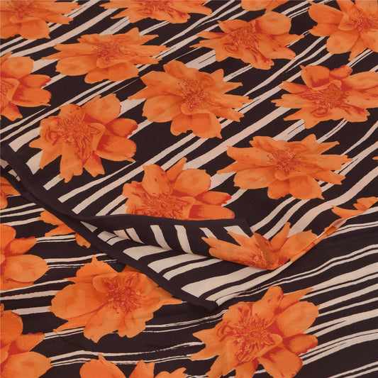 Sanskriti Vintage Sarees Black/Orange Pure Crepe Printed Sari 5+yd Craft Sustainable Fabric
