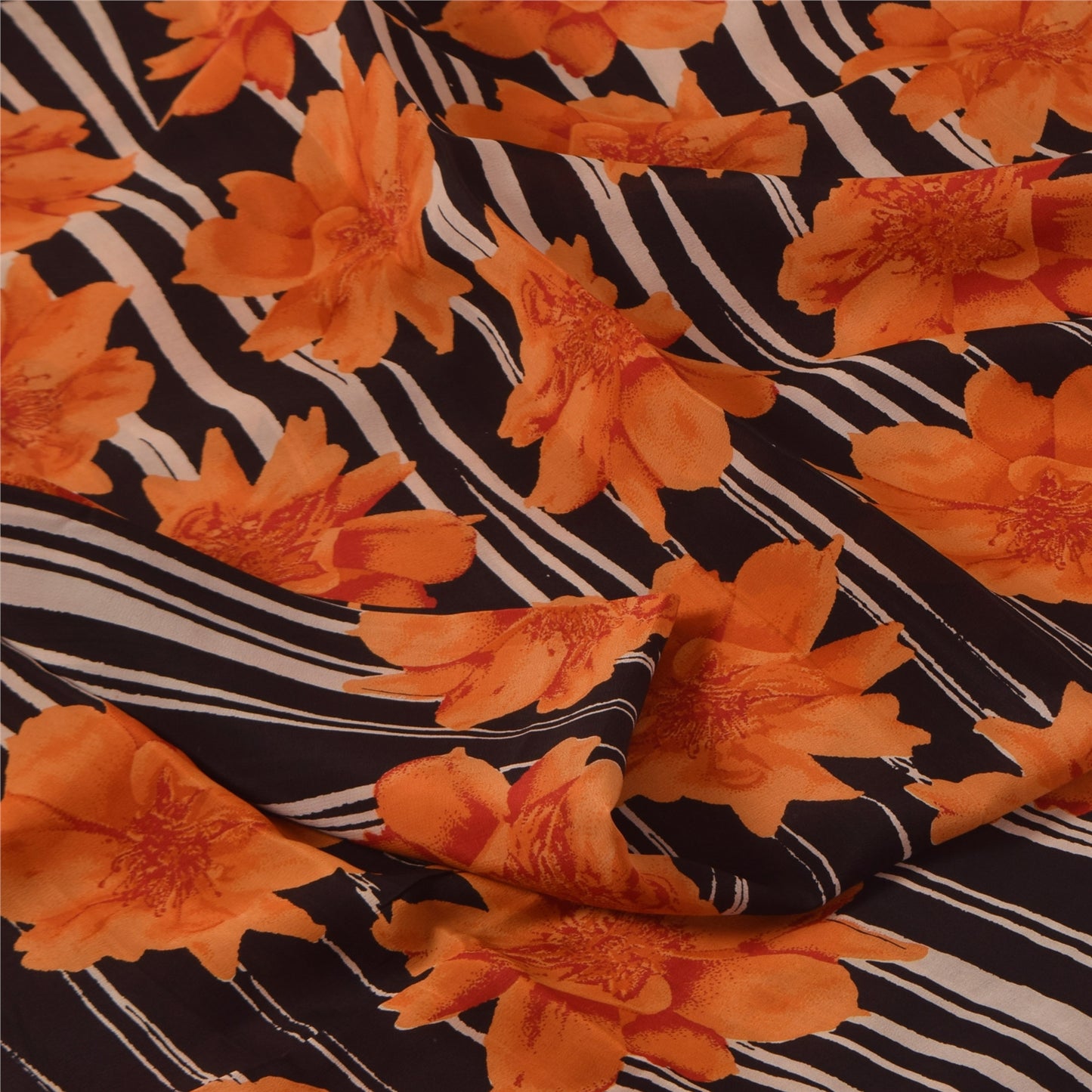 Sanskriti Vintage Sarees Black/Orange Pure Crepe Printed Sari 5+yd Craft Sustainable Fabric