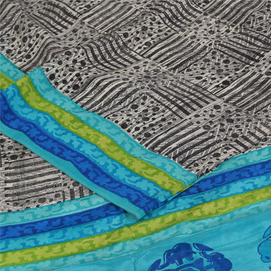 Sanskriti Vintage Sarees Black Pure Crepe Silk Printed Sari 5+yd Craft Sustainable Fabric