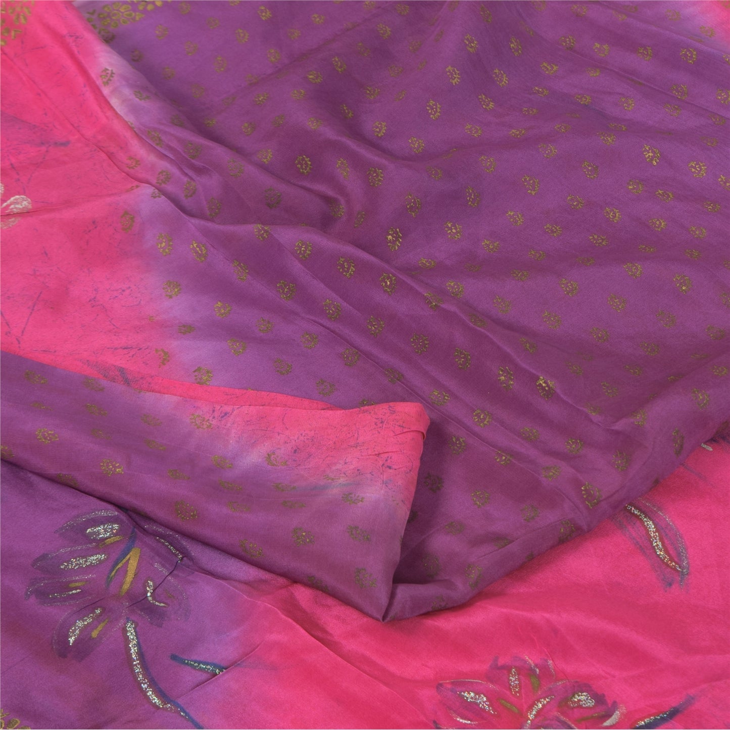 Sanskriti Vintage Sarees Pink/Purple Pure Crepe Sparkle Printed Sari 5+yd Sustainable Fabric