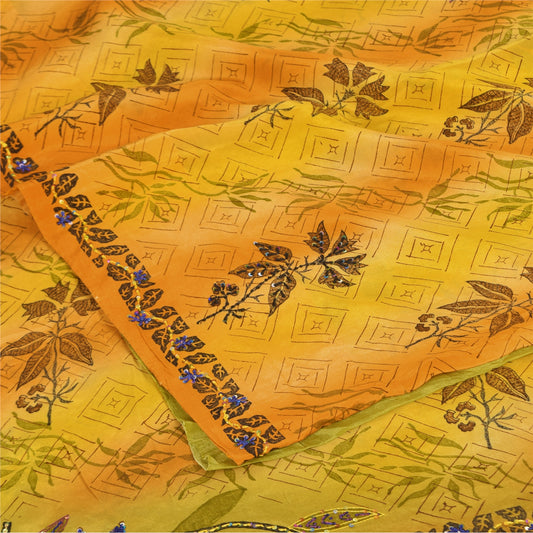 Sanskriti Vintage Sarees Green/Yellow Pure Crepe Hand Beaded Printed Sari Sustainable Fabric
