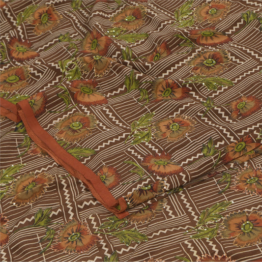 Sanskriti Vintage Sarees Brown Pure Crepe Embroidered Printed Sari 5+yd Sustainable Fabric