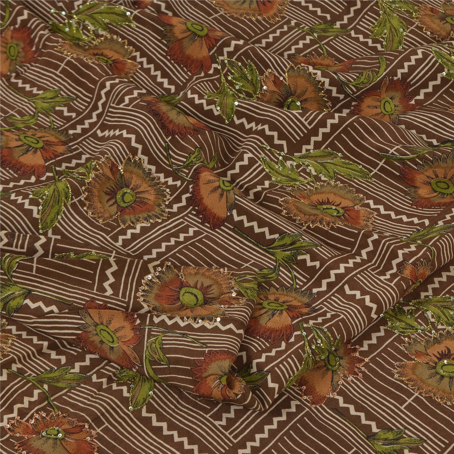 Sanskriti Vintage Sarees Brown Pure Crepe Embroidered Printed Sari 5+yd Sustainable Fabric