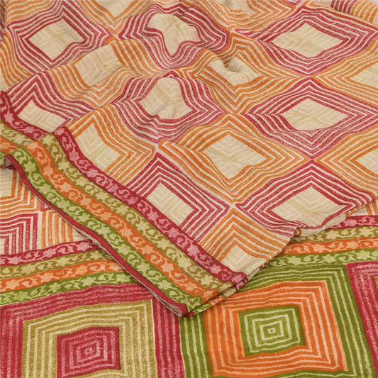 Sanskriti Vintage Sarees Multicolor Pure Crepe Silk Print Sari 5+yd Craft Sustainable Fabric