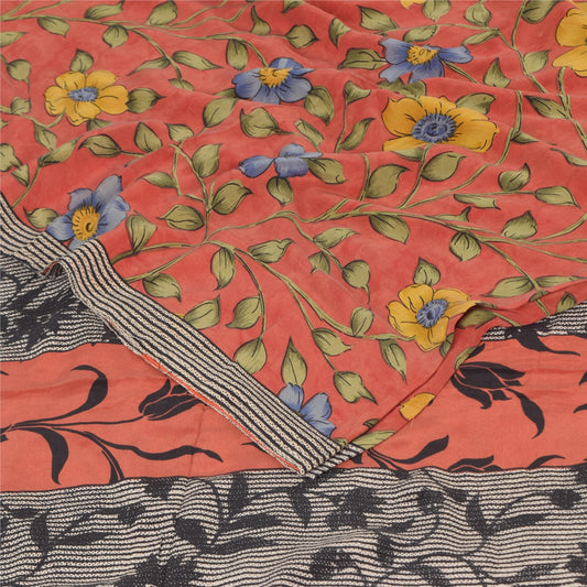 Sanskriti Vintage Sarees Coral Pure Crepe Silk Printed Sari 5+yd Craft Sustainable Fabric