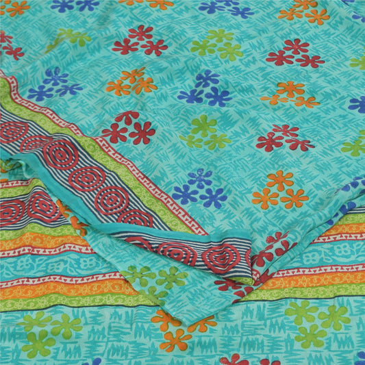 Sanskriti Vintage Sarier Blå Ren Crepe Silke Trykt Sari 6+ yard Håndværk Bæredygtigt Stoff