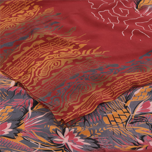 Sanskriti Vintage Sarees Red Pure Crepe Silk Printed Sari 5+yd Craft Fabric