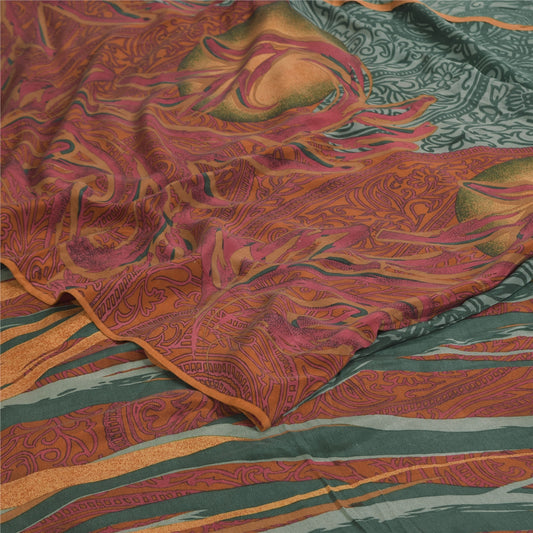 Sanskriti Vintage Sarees Green/Orange Pure Crepe Silk Printed Sari 5+yd Sustainable Fabric