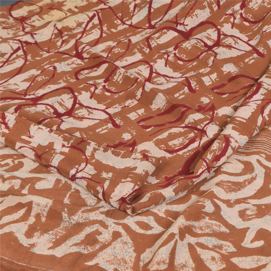 Sanskriti Vintage Sarees Brown Pure Crepe Batik Printed Sari 5+yd Craft Sustainable Fabric