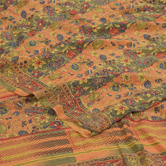 Sanskriti Vintage Sarier i Fersken/Grøn Ren Crepe Trykt Sari, 5+ yards Håndværksmæssigt Bæredygtigt Stoff