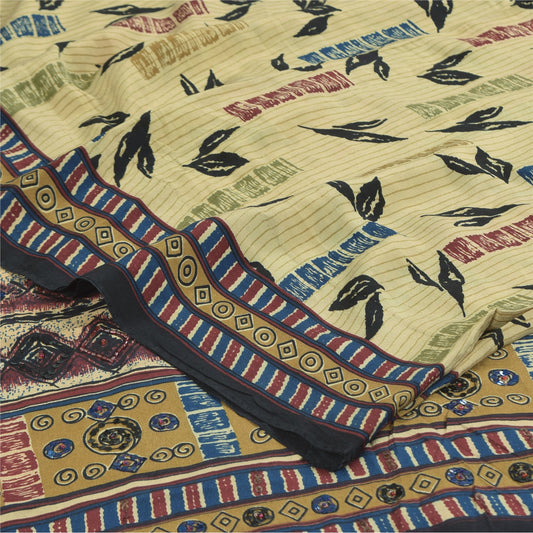 Sanskriti Vintage Sarees Cream Pure Crepe Silk Printed Sari 5+yd Craft Sustainable Fabric