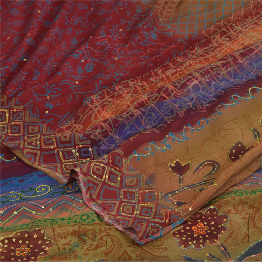 Sanskriti Vintage Sarees Pure Crepe Embroidered Printed Sari 5+yd Craft Sustainable Fabric