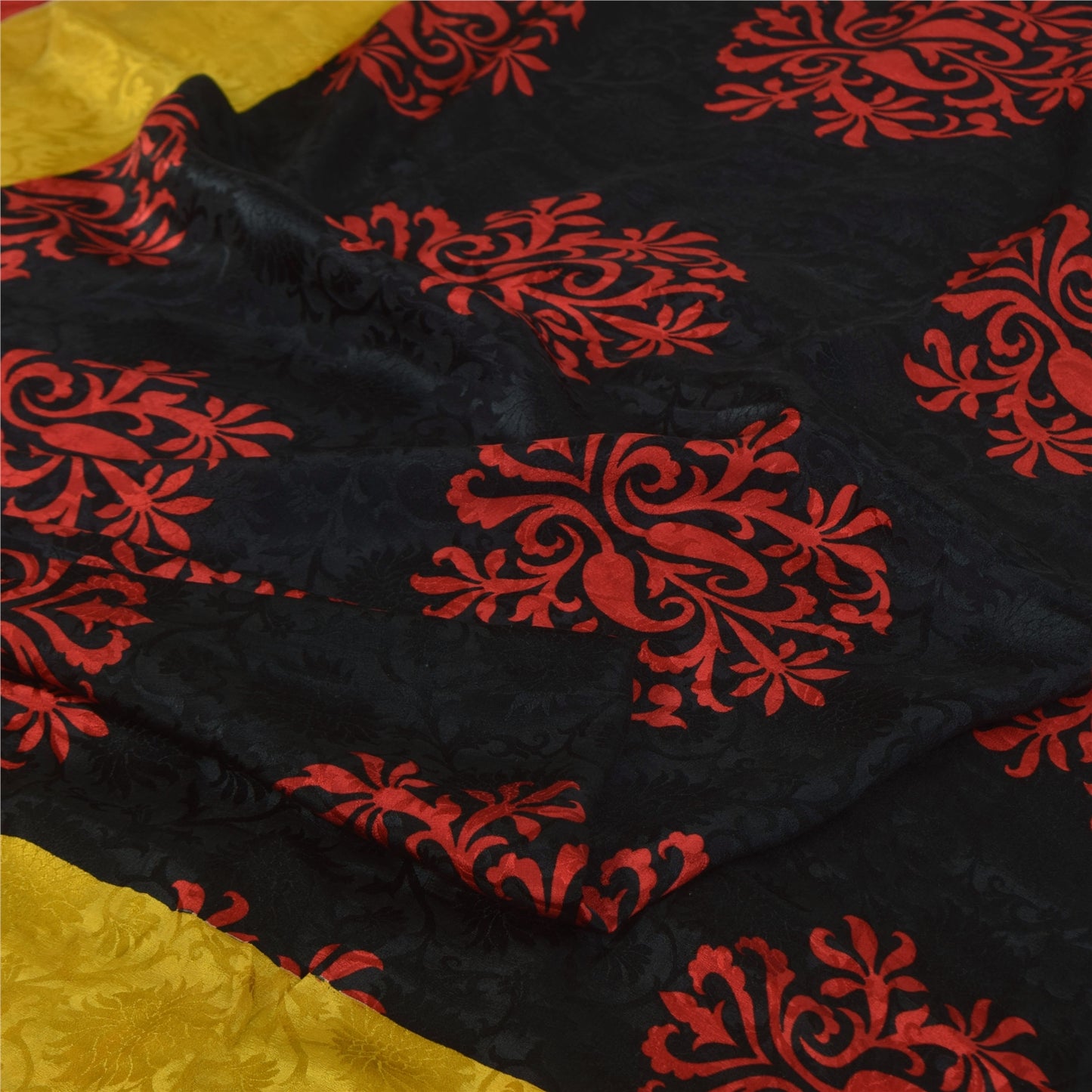 Sanskriti Vintage Sarees Black/Red Pure Crepe Printed Self Sari 5+yd Sustainable Fabric