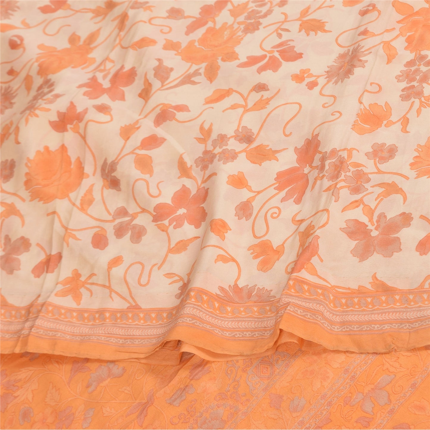 Сари из чистого крепа Sanskriti Vintage, кремового/оранжевого цвета, принтованное сари, 5+ ярдов, устойчивая ткань для рукоделия