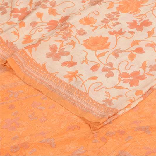 Sanskriti Vintage Sarees Pure Crepe Cream/Orange Printed Sari 5+yd Craft Sustainable Fabric