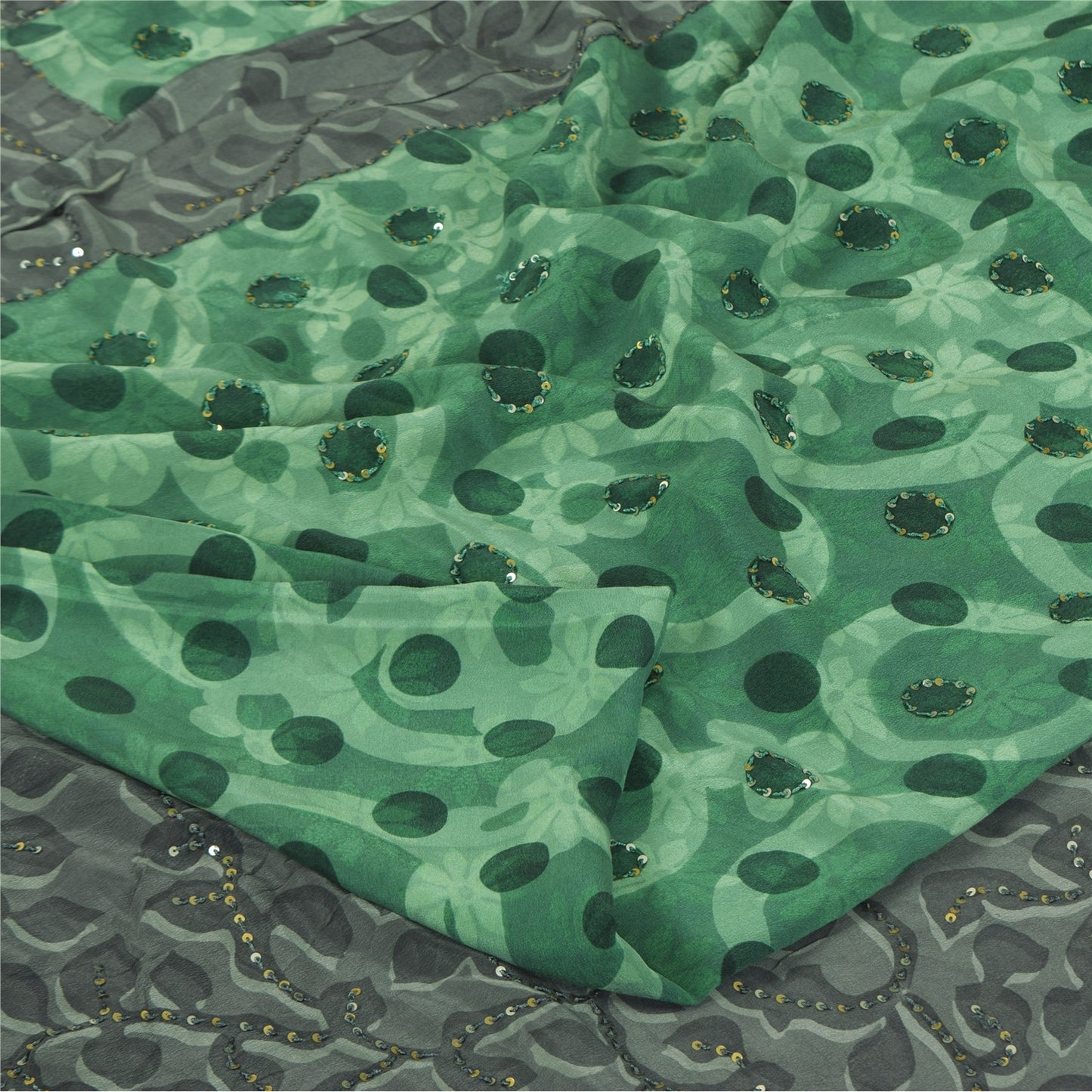 Sanskriti Vintage Sarees Green Pure Crepe Printed Embroidered Sari 5+yd Sustainable Fabric