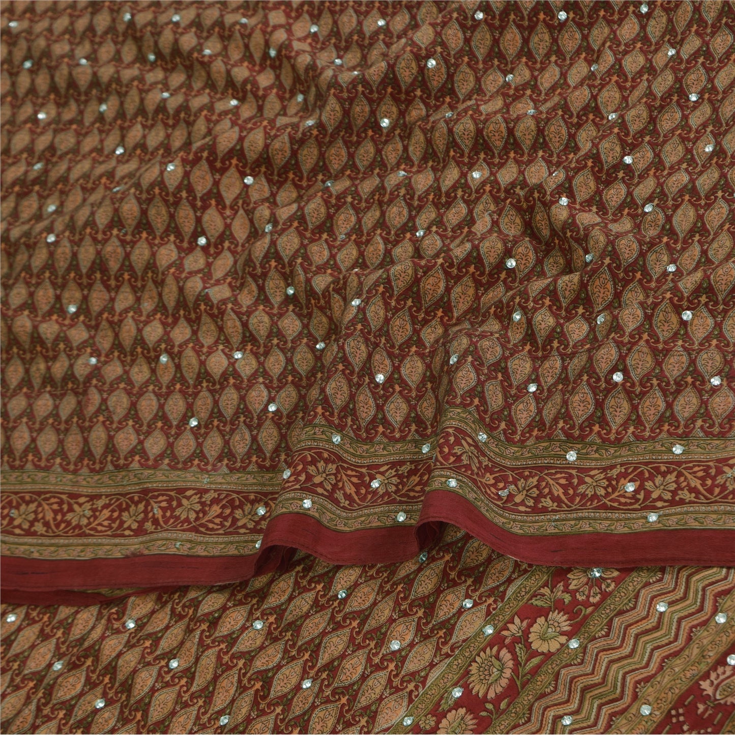 Sanskriti Vintage Sarees Red Hand Beaded Pure Crepe Print Sari 5+yd Craft Sustainable Fabric