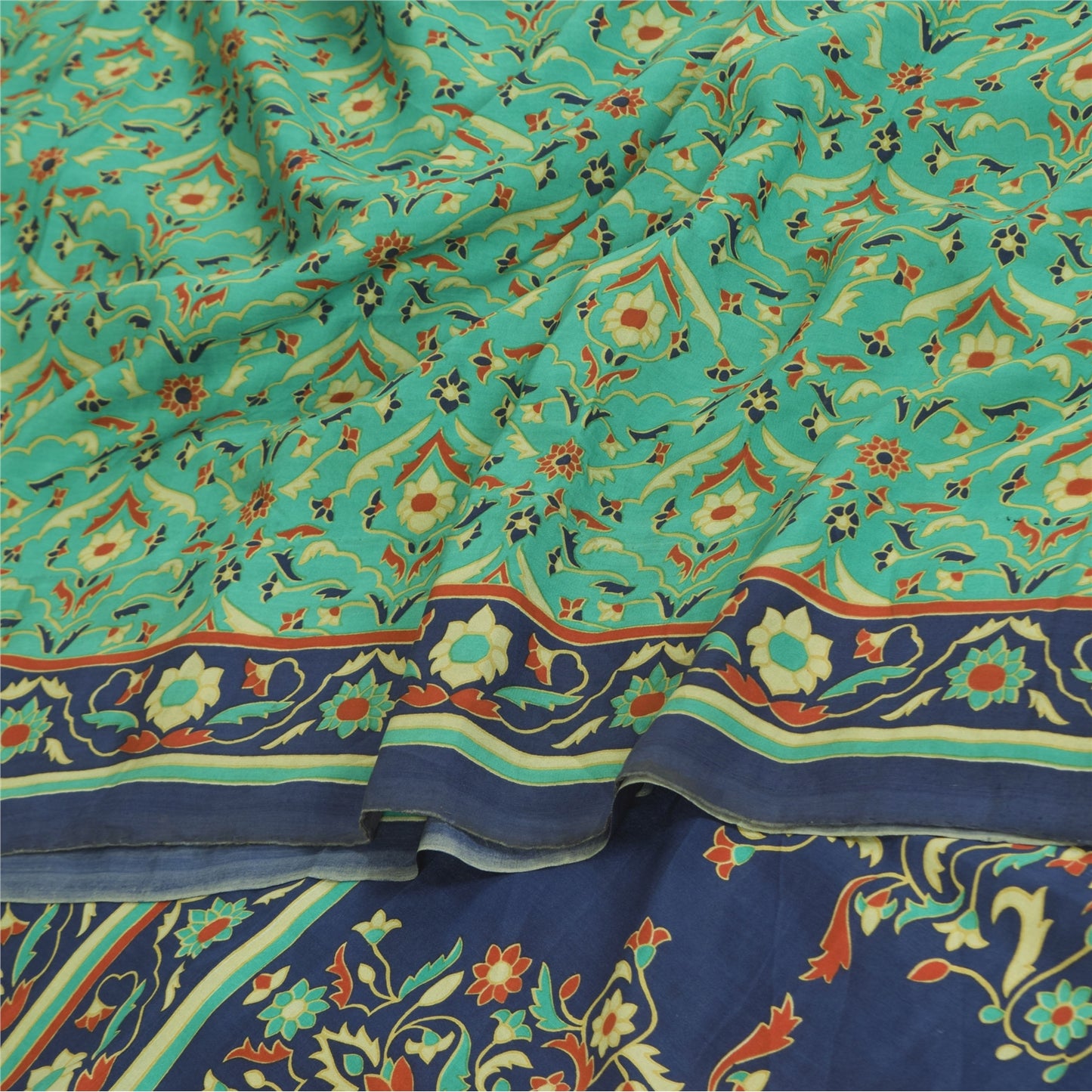 Sanskriti Vintage Sarees Green Pure Crepe Silk Printed Sari 6yd Craft Sustainable Fabric