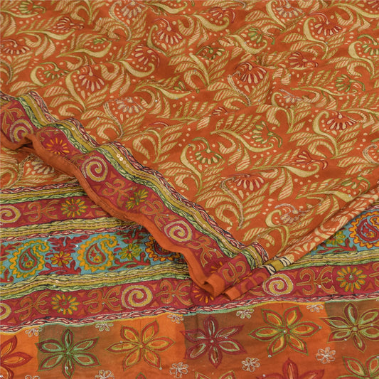 Sanskriti Vintage Sarees Orange Pure Crepe Print Hand Beaded Sari 5+yd Sustainable Fabric