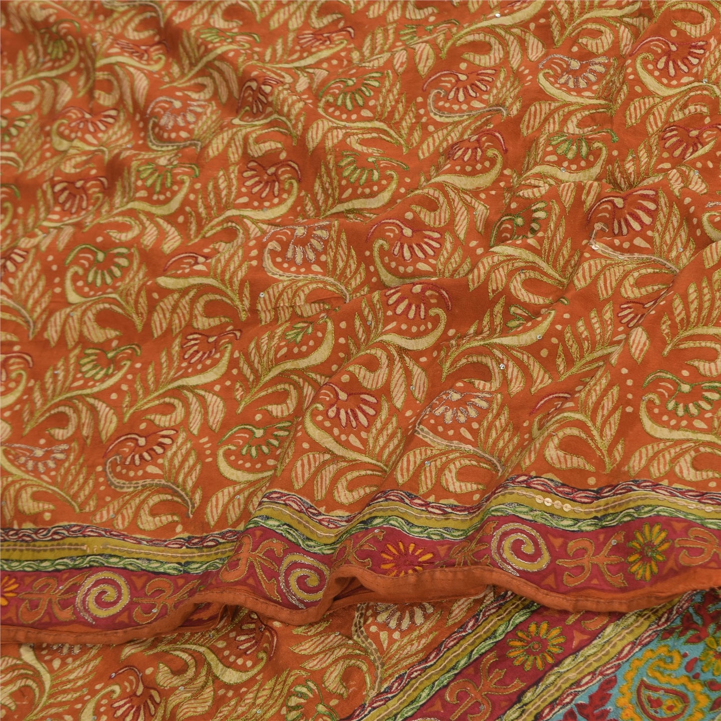 Sanskriti Vintage Sarees Orange Pure Crepe Print Hand Beaded Sari 5+yd Sustainable Fabric