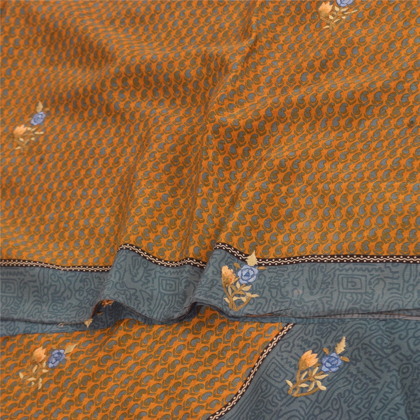 Sanskriti Vintage Sarees Saffron Pure Crepe Embroidered Printed Sari 5+yd Sustainable Fabric