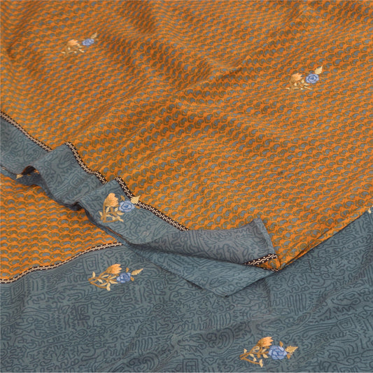 Sanskriti Vintage Sarees Saffron Pure Crepe Embroidered Printed Sari 5+yd Sustainable Fabric