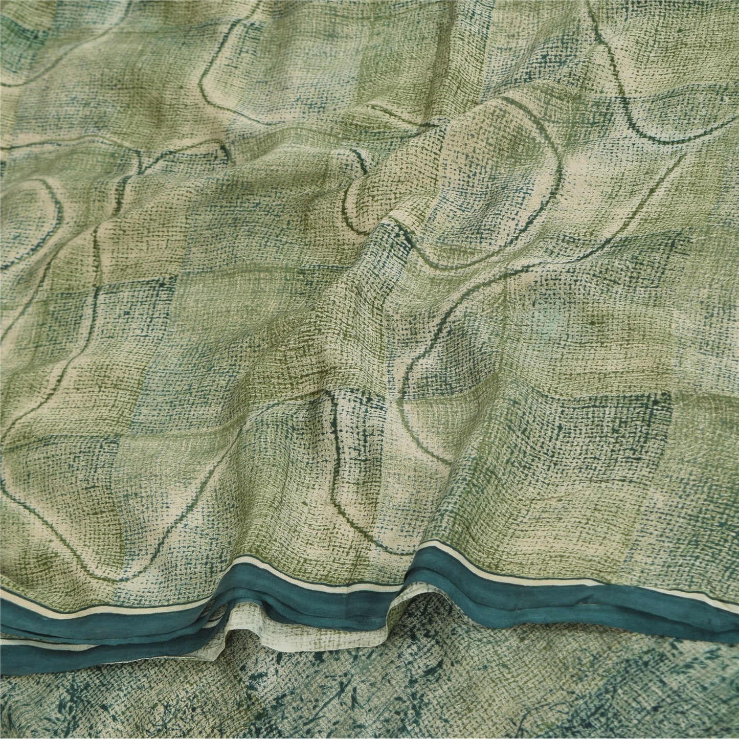 Sanskriti Vintage Sarees Olive Green Pure Crepe Printed Sari 6+yd Craft Sustainable Fabric