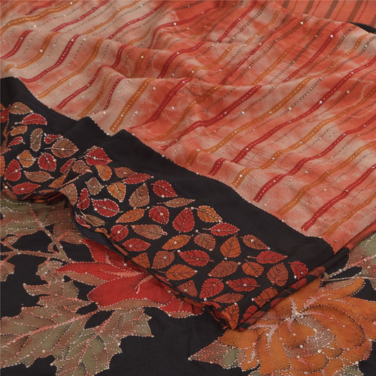 Sanskriti Vintage Sarees Tie-Dye Hand Beaded Kantha Pure Crepe Print Sari Sustainable Fabric