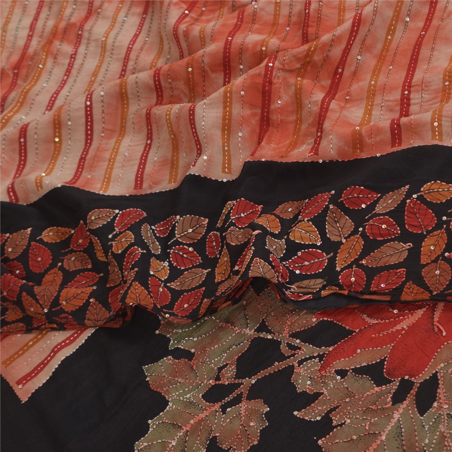 Sanskriti Vintage Sarees Tie-Dye Hand Beaded Kantha Pure Crepe Print Sari Sustainable Fabric