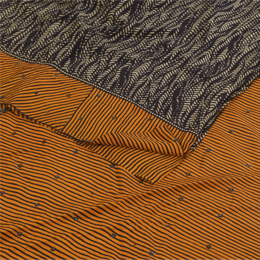 Sanskriti Vintage Sarees Black Pure Crepe Hand Beaded Printed Sari 5+yd Sustainable Fabric