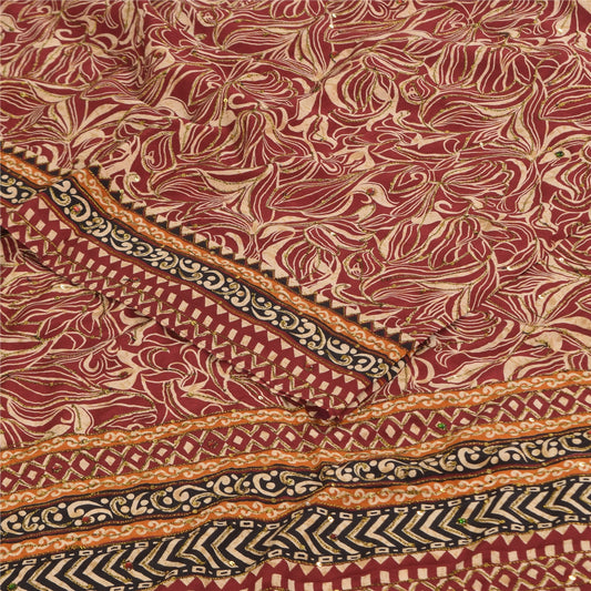 Sanskriti Vintage Sarees Red Pure Crepe Printed Hand Beaded Sari 5+yd Sustainable Fabric