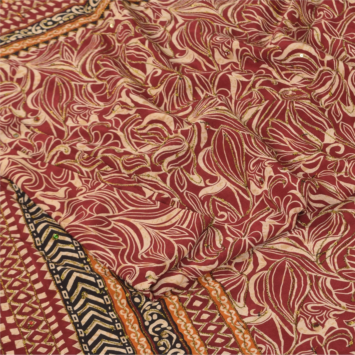 Sanskriti Vintage Sarees Red Pure Crepe Printed Hand Beaded Sari 5+yd Sustainable Fabric