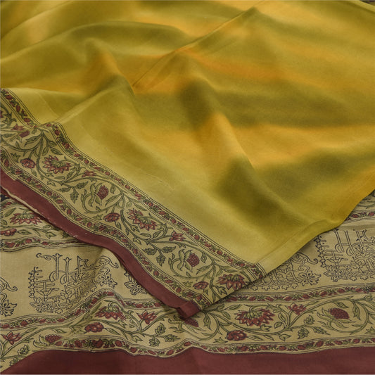 Sanskriti Vintage Sarees Green Pure Crepe Silk Printed Sari 5+yd Craft Sustainable Fabric