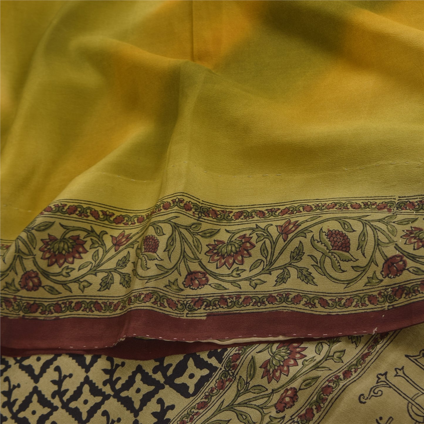 Sanskriti Vintage Sarees Green Pure Crepe Silk Printed Sari 5+yd Craft Sustainable Fabric