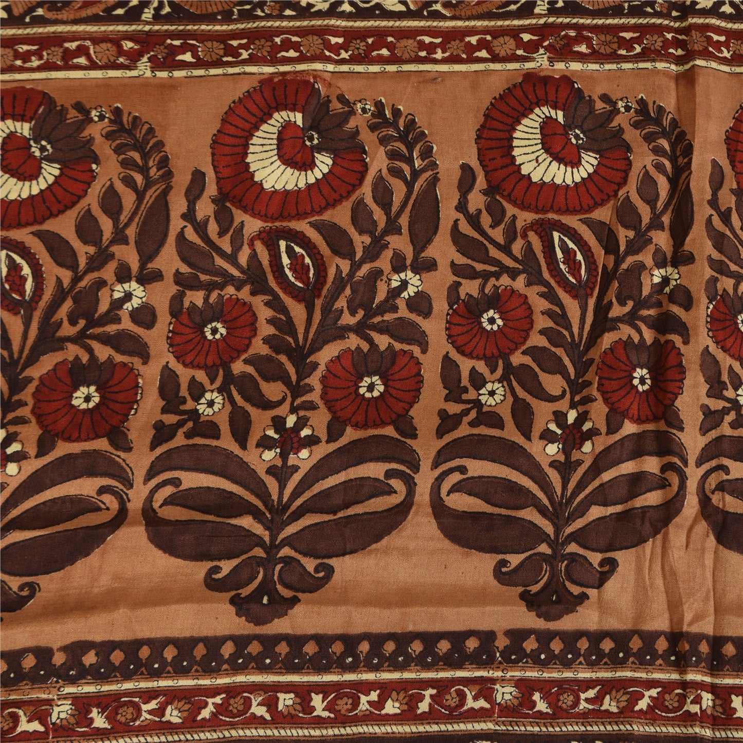 Sanskriti Vintage Sarees Brown Pure Crepe Silk Printed Sari 5+yd Craft Fabric