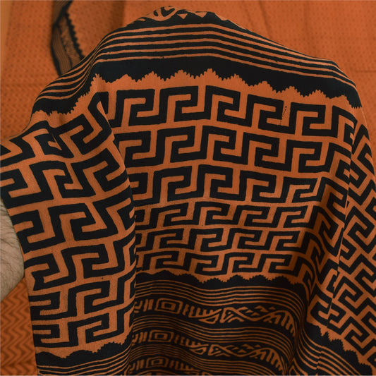 Sanskriti Vintage Sarees Saffron Pure Crepe Silk Printed Sari 5+yd Craft Sustainable Fabric